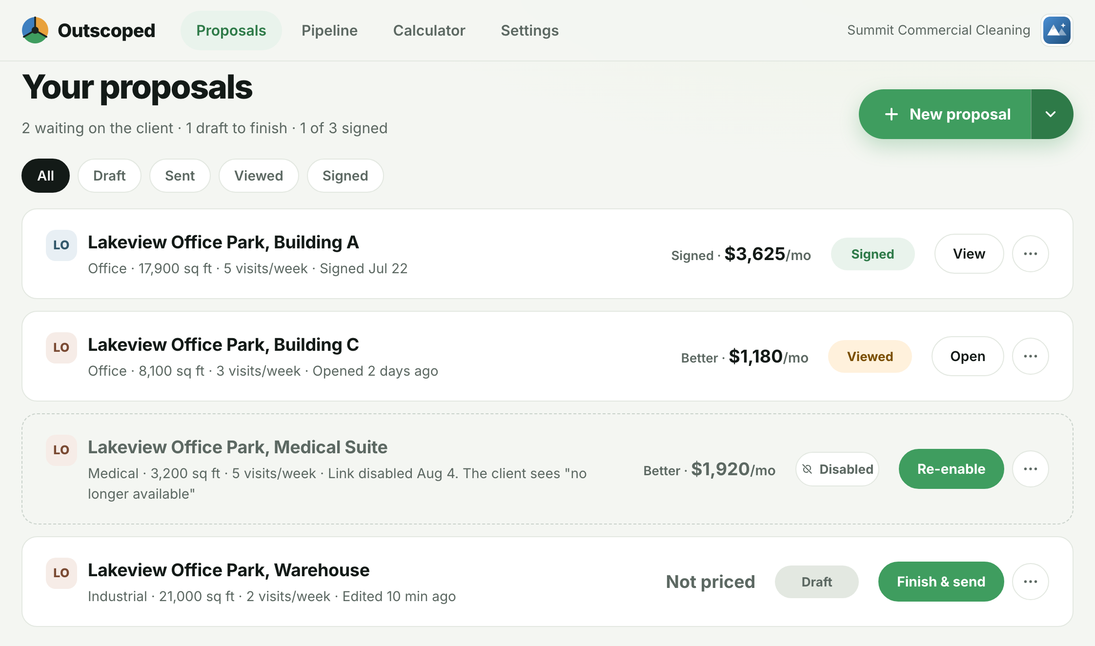Outscoped proposals dashboard, four Lakeview proposals with status chips