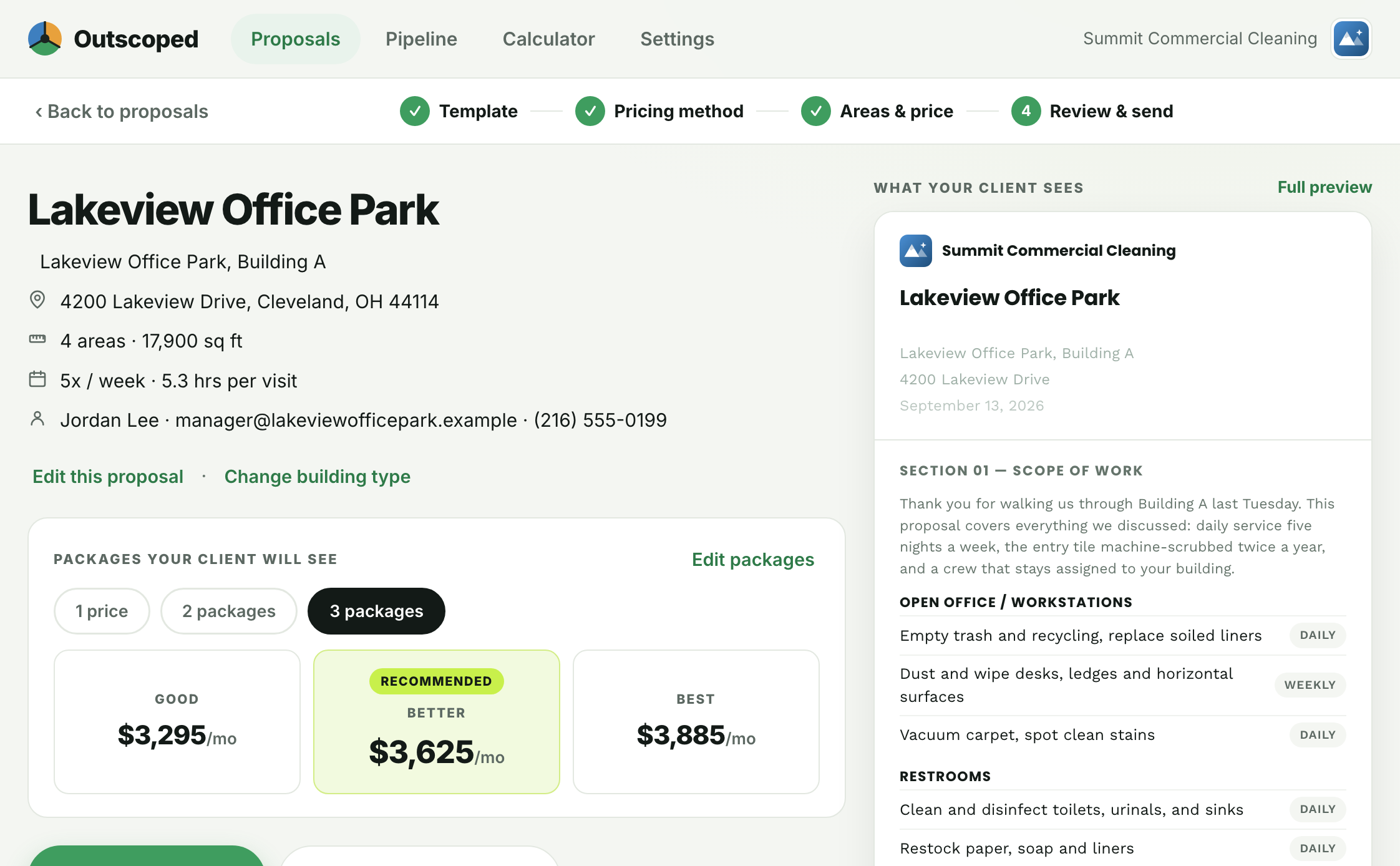 Outscoped proposal review screen showing scope pricing and package options